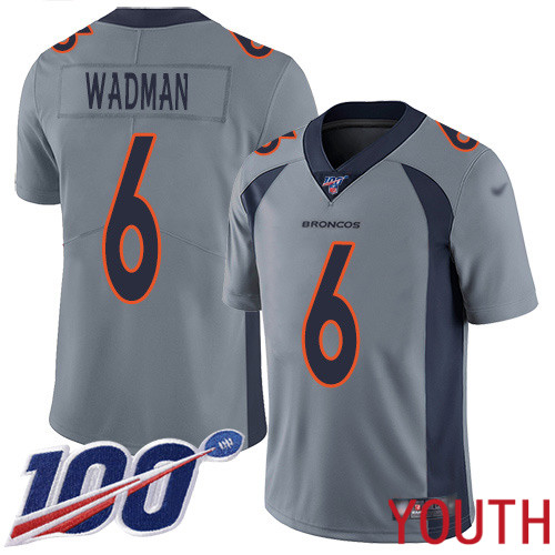 Youth Denver Broncos #6 Colby Wadman Limited Silver Inverted Legend 100th Season Football NFL Jersey->youth nfl jersey->Youth Jersey
